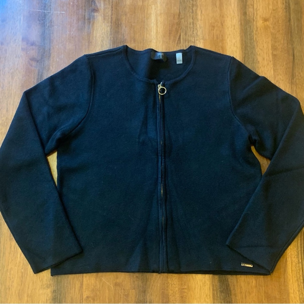 Tahari Cardigan Large Black Knit Sweater Gold Zip Up Thick Soft Warm Classic